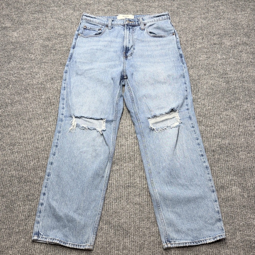 Hollister Mens Baggy Jeans 31x30 Light Wash Distressed Ripped Loose Fit Wide Leg